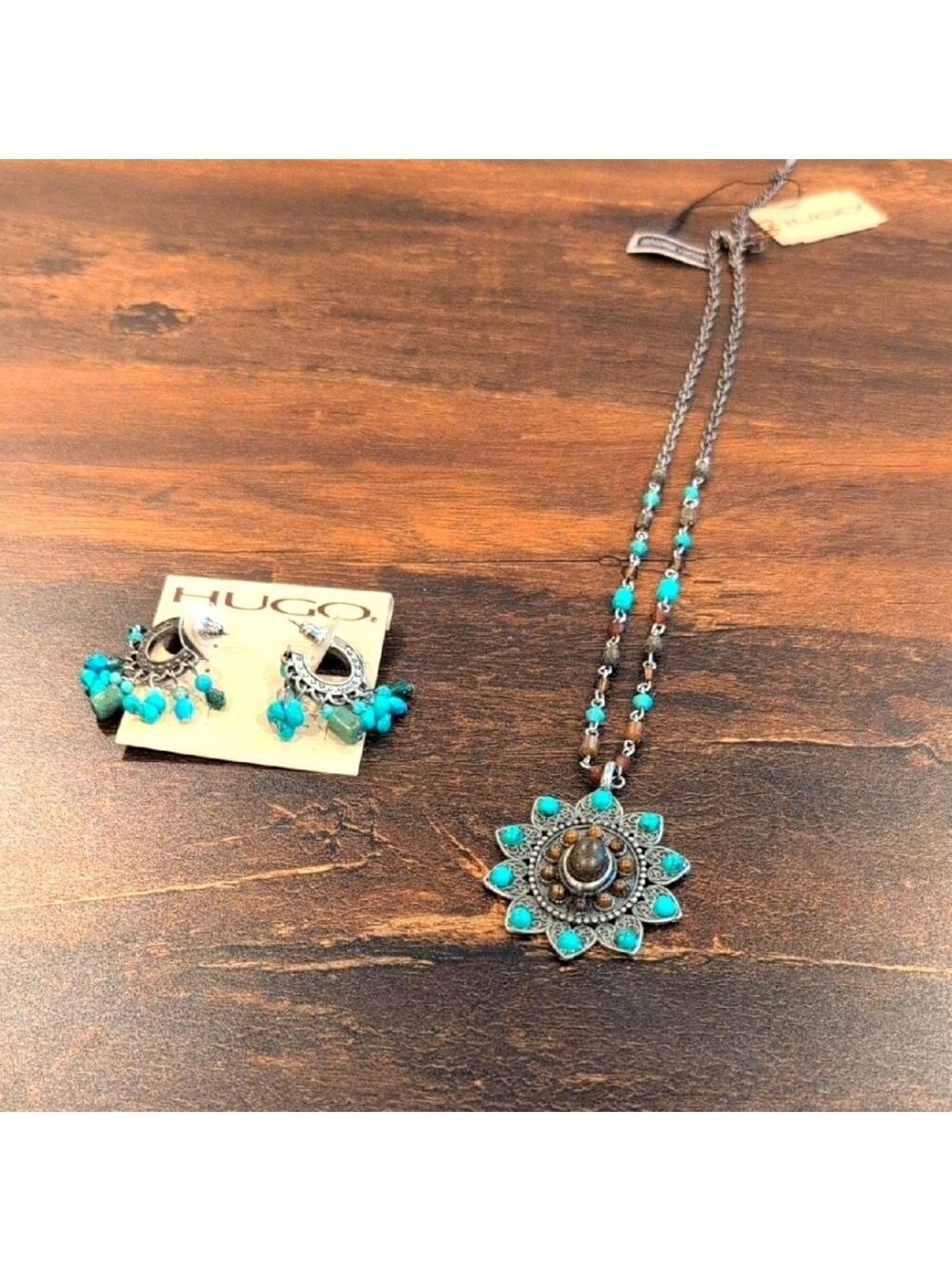 Hugo Faux Turquoise and Silver  Tone Necklace and Earrings Set &Genuine Lucite